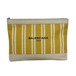 Balenciaga Navy Clip M Clutch Bag 420407 Yellow White Cream Canvas Leather
